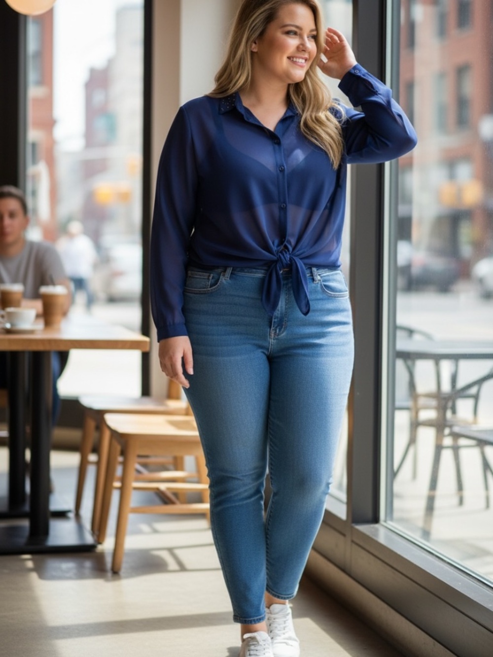 Plus Crystal Accent Semi Sheer Button Down Top